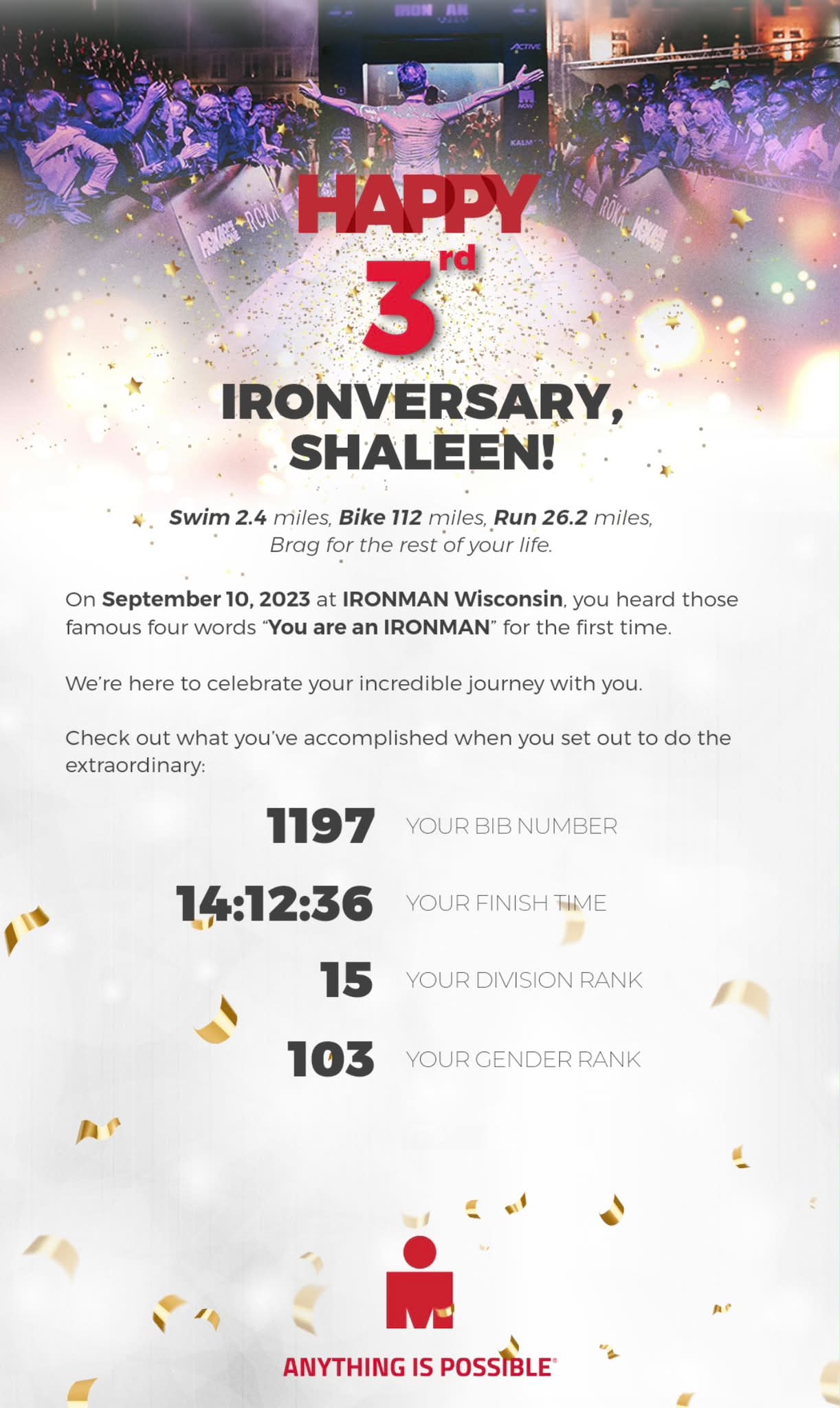 THREE YEARS AGO. 🥹❤️

This still blows my mind.

I DID IT. I became an IRONMAN. 🏊‍♀️🚴‍♀️🏃‍♀️

Did it turn out exactly how I had pictured it? Nope.

But maybe that’s what makes this memory mean even more to me.

After the swim.
After the bike.
I started that marathon determined to finish what I had started.

And then around mile 3, my leg decided running was DONE.

I still had 23+ miles to go.

I had a choice.

I could let go of the picture I had in my head of how this race was supposed to look…

or I could find another way to finish.

So I walked.

And walked.
And walked some more. 😂

26.2 miles is a LONG way when your body is hurting and your mind has plenty of time to give you reasons to quit.

But I kept moving forward.

One step at a time.

And eventually…

I crossed that finish line. ❤️

Three years later, I think that may be the part I’m most proud of.

Life doesn’t always go according to the plan.
Sometimes you have to adjust.
Sometimes you have to slow down.
Sometimes the goal becomes less about how you get there and more about refusing to stop moving toward it.

Don’t ever let someone else decide what you are capable of.

And don’t count yourself out just because the path looks different than you imagined.

If there is a will, you WILL find a way.

You might run.
You might walk.
You might limp your stubborn little self all the way there. 😂

Just. Keep. Going.

Three years later, I can still say it…

I AM AN IRONMAN. ❤️🔥

And yep… that still blows my mind.